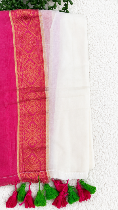 Mulcotton Saree | Cream Saree with Pink, Orange & Green Zari Brocade Border | Tasselled Edge Traditional Saree