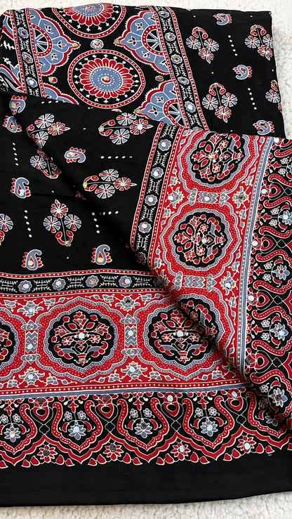 Black Modal Silk Saree with Ajrak Print & Mirror Work