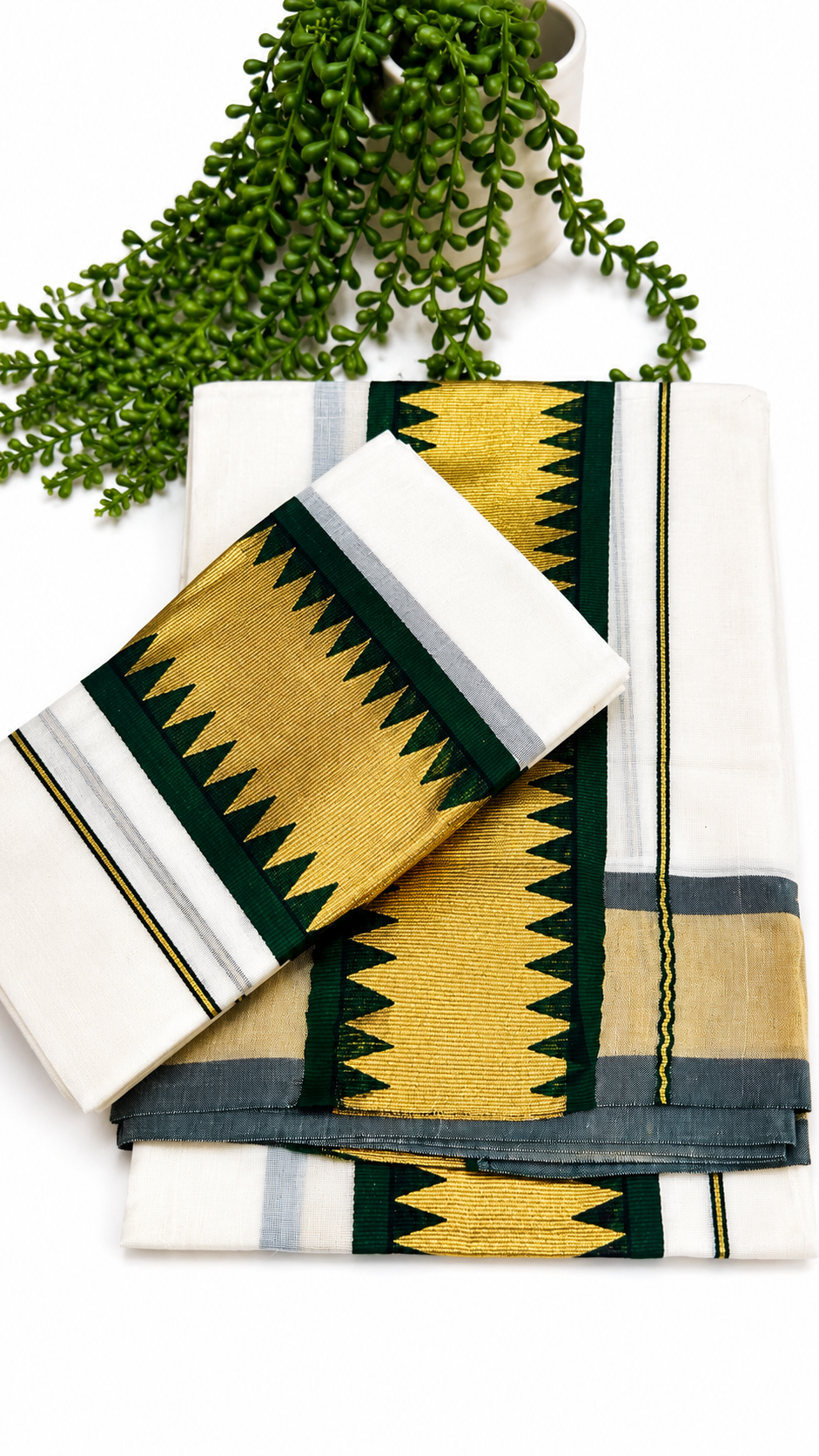 Kerala Set Mundu | Cotton 2-Piece Mundum Neriyathum with Temple Zigzag Border & Tassels