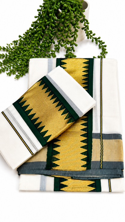 Kerala Set Mundu | Cotton 2-Piece Mundum Neriyathum with Temple Zigzag Border & Tassels