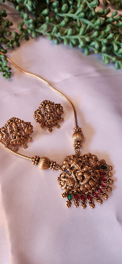 Antique Gold Radha Krishna Pendant Necklace Set (Ruby & Emerald)