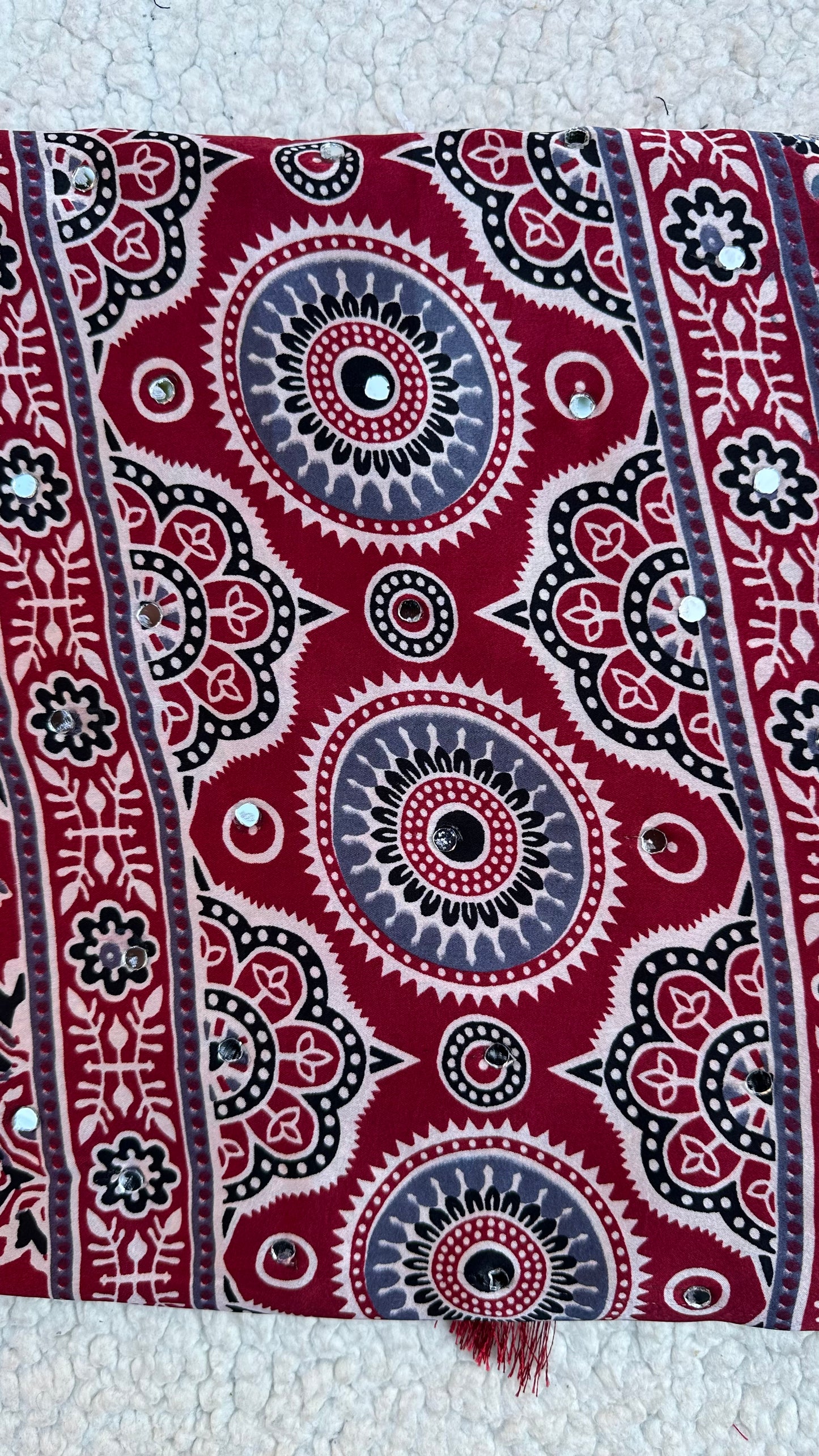 Maroon Modal Silk Saree with Ajrak Print & Mirror Work