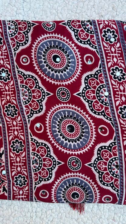 Maroon Modal Silk Saree with Ajrak Print & Mirror Work