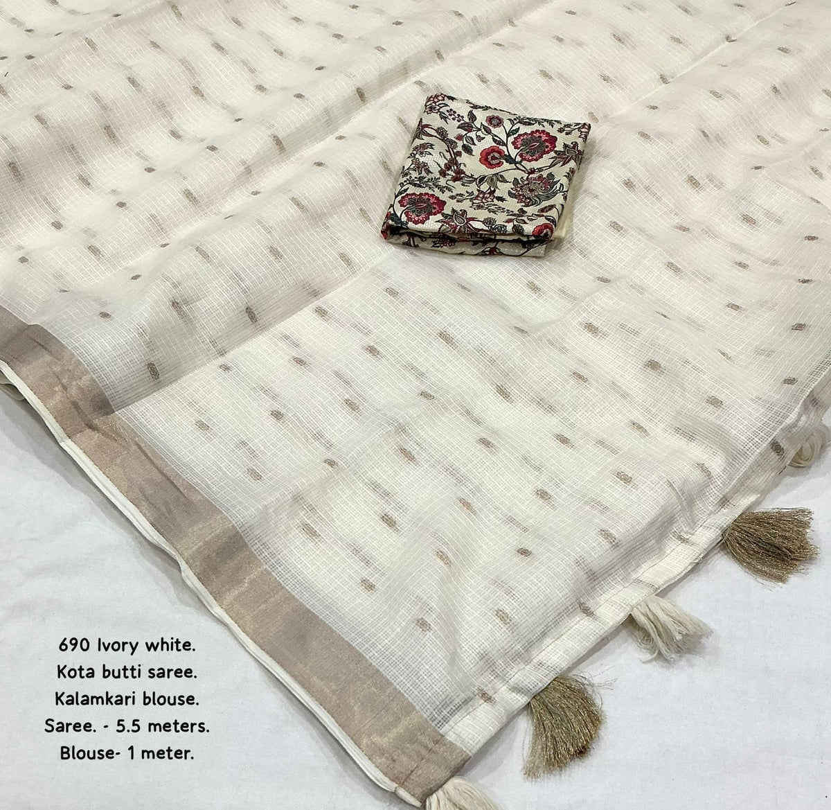 Ivory White Kota Zari Butti Saree with Kalamkari Blouse