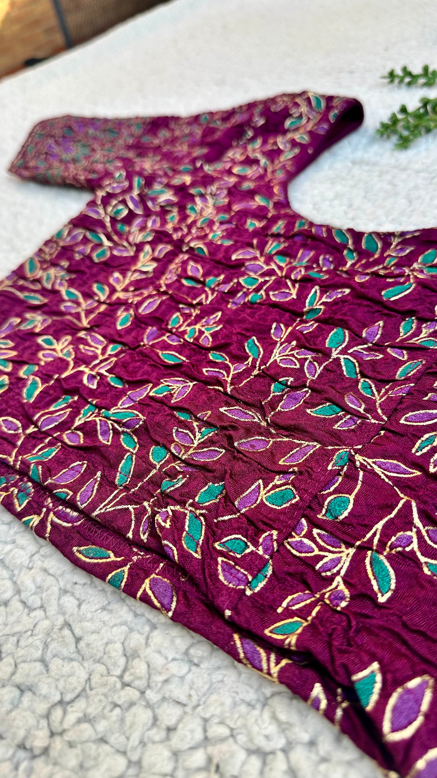 Stretchable Readymade Saree Blouse | Leaf Design with Gold Detailing | Ready to Wear Round Neck Blouse with Patterned Sleeve Border (S-L)