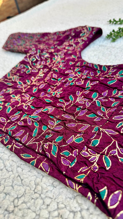 Stretchable Readymade Saree Blouse | Leaf Design with Gold Detailing | Ready to Wear Round Neck Blouse with Patterned Sleeve Border (S-L)