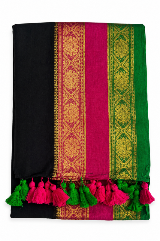 Mul Cotton 120 Count Saree – Black with Pink & Green Zari Border | Traditional South Indian Saree with Neon Tassels