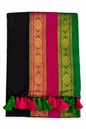 Mul Cotton 120 Count Saree – Black with Pink & Green Zari Border | Traditional South Indian Saree with Neon Tassels