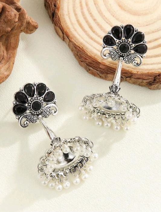Traditional silver chandbali earrings with black onyx flower motifs and cascading pearl drops - authentic Indian ethnic jewellery for UK cultural celebrations