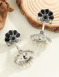 Traditional silver chandbali earrings with black onyx flower motifs and cascading pearl drops - authentic Indian ethnic jewellery for UK cultural celebrations