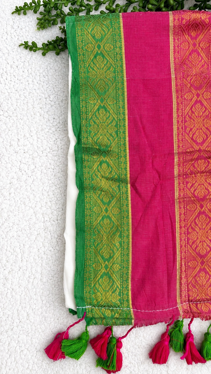 Mulcotton Saree | Cream Saree with Pink, Orange & Green Zari Brocade Border | Tasselled Edge Traditional Saree
