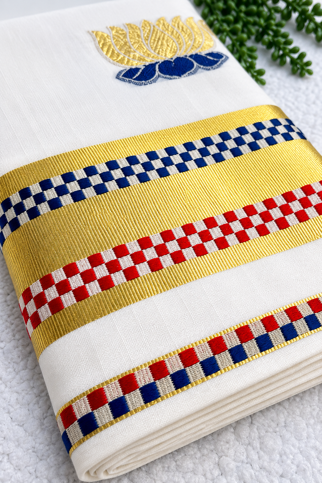 Kerala Cotton Set Saree | White Saree with Embroidered Gold & Dark Blue Lotus Motif | Woven Checkerboard Gold Zari Border