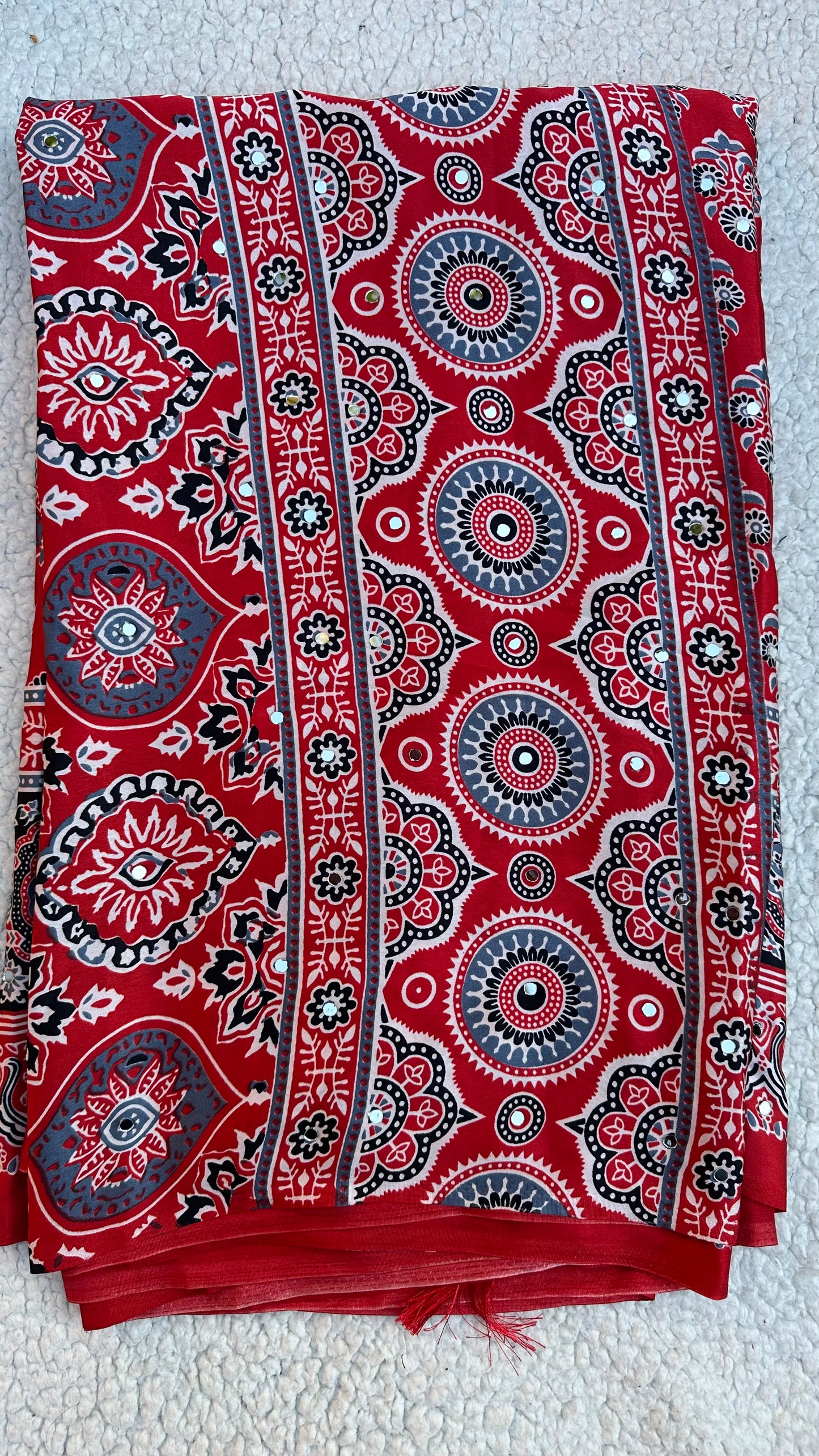 Modal Silk Ajrak Printed Saree with Mirror Work in Red