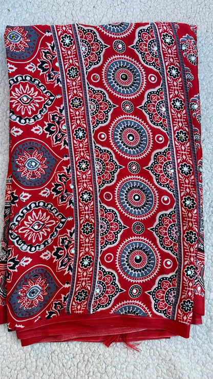 Modal Silk Ajrak Printed Saree with Mirror Work in Red