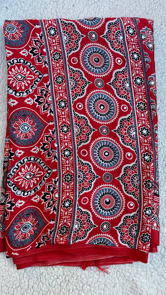 Modal Silk Ajrak Printed Saree with Mirror Work in Red