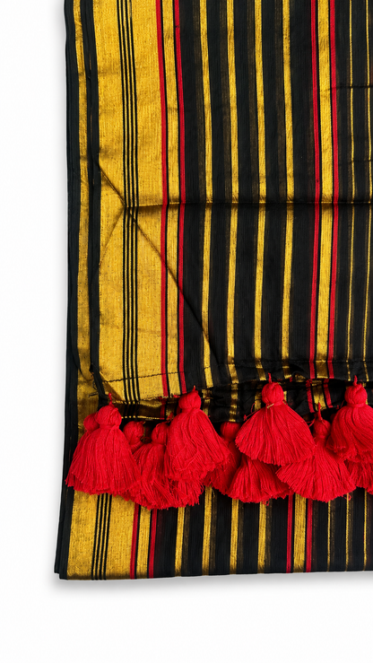 Mul Cotton 120 Count Saree – Black with Gold & Red Striped Border | Traditional South Indian Saree with Red Tassels