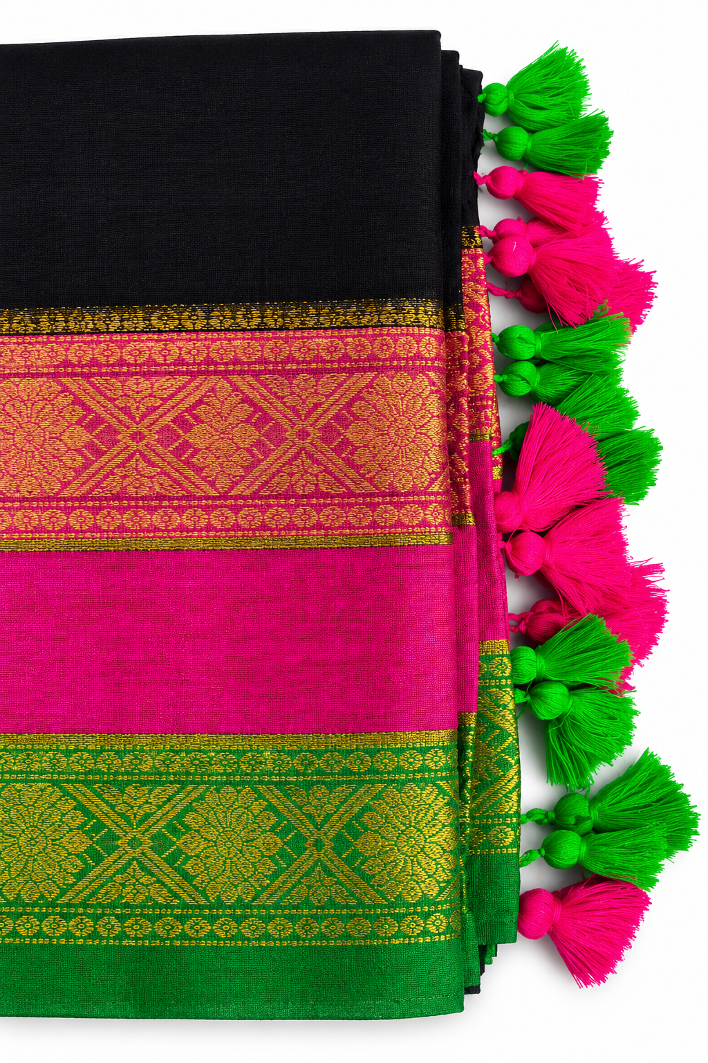 Mul Cotton 120 Count Saree – Black with Pink & Green Zari Border | Traditional South Indian Saree with Neon Tassels