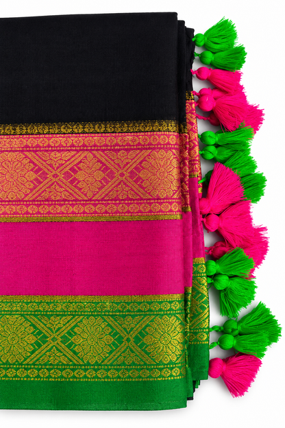 Mul Cotton 120 Count Saree – Black with Pink & Green Zari Border | Traditional South Indian Saree with Neon Tassels