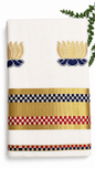 Kerala Cotton Set Saree | White Saree with Embroidered Gold & Dark Blue Lotus Motif | Woven Checkerboard Gold Zari Border