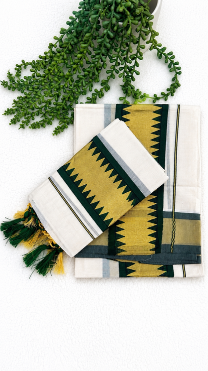 Kerala Set Mundu | Cotton 2-Piece Mundum Neriyathum with Temple Zigzag Border & Tassels