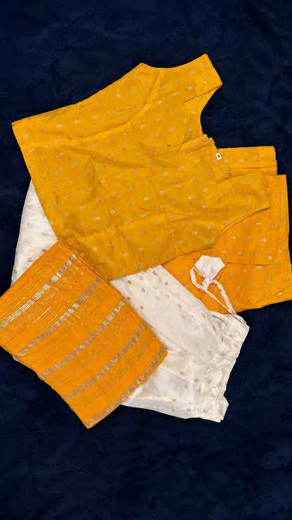 Off-White & Mustard Yellow Dhavani Set – Chanderi Skirt with Lurex Dupatta & Vichithra Silk
