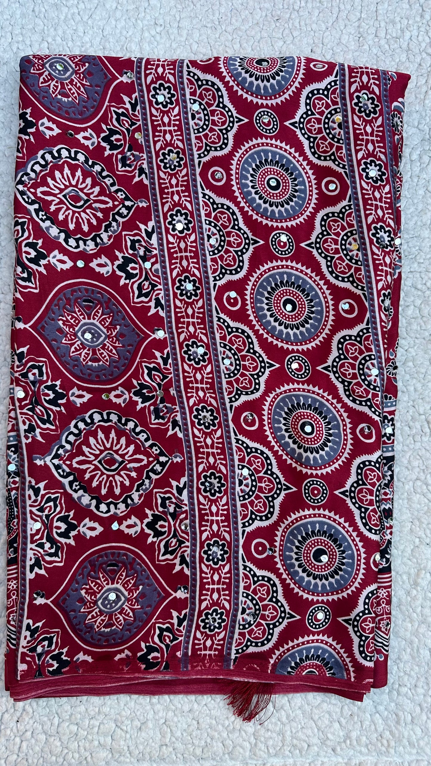 Maroon Modal Silk Saree with Ajrak Print & Mirror Work