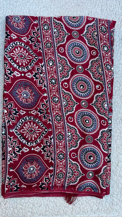 Maroon Modal Silk Saree with Ajrak Print & Mirror Work