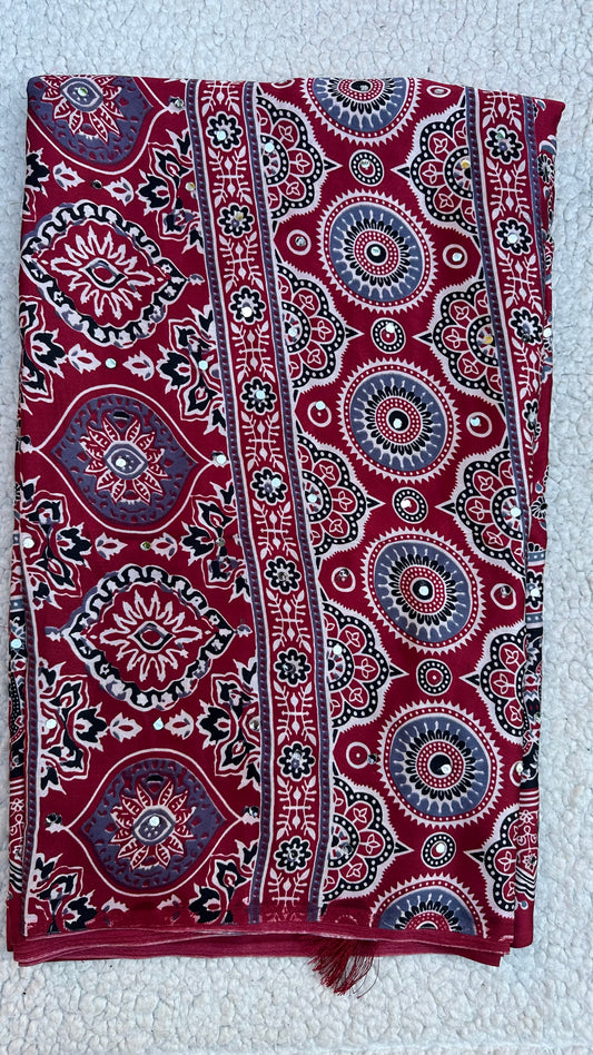 Maroon Modal Silk Saree with Ajrak Print & Mirror Work