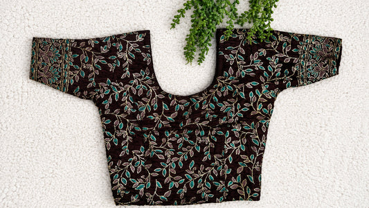 Stretchable Readymade Saree Blouse | Leaf Design with Gold Detailing | Ready to Wear Round Neck Blouse with Patterned Sleeve Border (S-L)