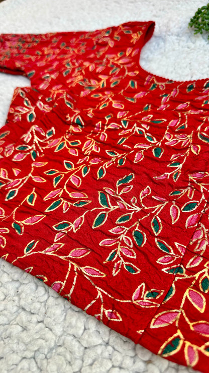 Stretchable Readymade Saree Blouse | Leaf Design with Gold Detailing | Ready to Wear Round Neck Blouse with Patterned Sleeve Border (S-L)