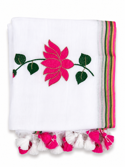 Mul Cotton 120 Count Saree with Embroidered Pink Lotus Motif – White Base with Striped Border and Tassels