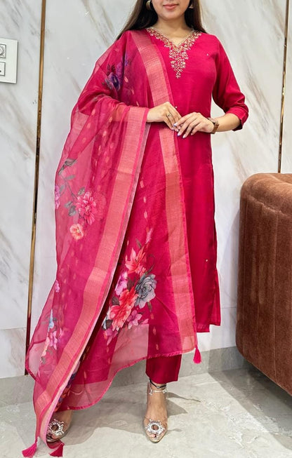 Fuchsia pink embroidered kurta set with floral organza dupatta — elegant festive outfit for Christmas and traditional celebrations.