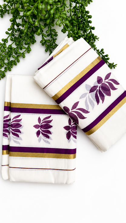Kerala Cotton Set Mundu with Lotus Motif Border – Gold Kasavu Detail