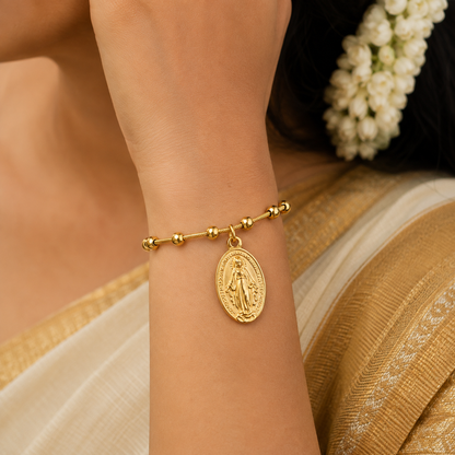 18K Gold Vacuum Plated Stainless Steel Virgin Mary Beaded Charm Bracelet