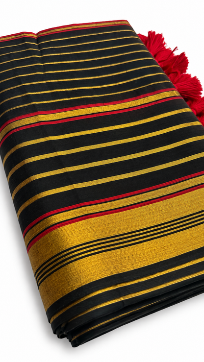 Mul Cotton 120 Count Saree – Black with Gold & Red Striped Border | Traditional South Indian Saree with Red Tassels