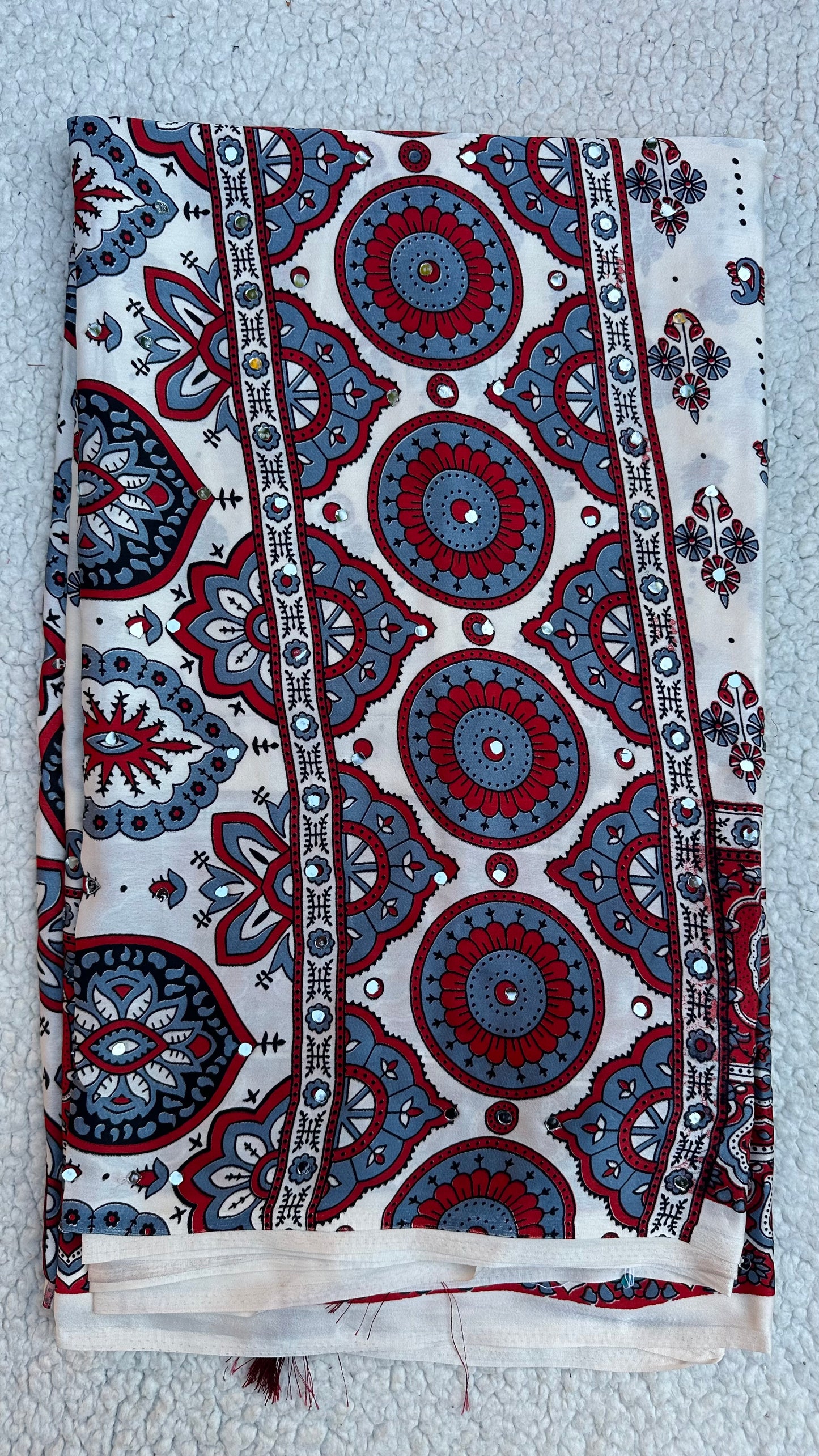 Modal Silk Ajrak Printed Saree with Mirror Work in White