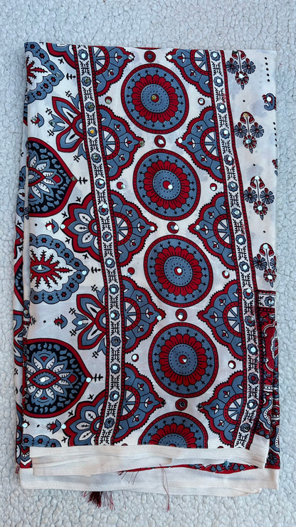 Modal Silk Ajrak Printed Saree with Mirror Work in White