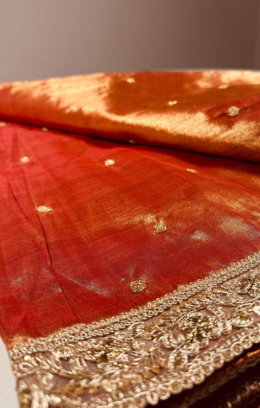 Luxurious Tissue Silk Saree with Heavy Gold Embroidered Border - Traditional Indian Wedding Saree