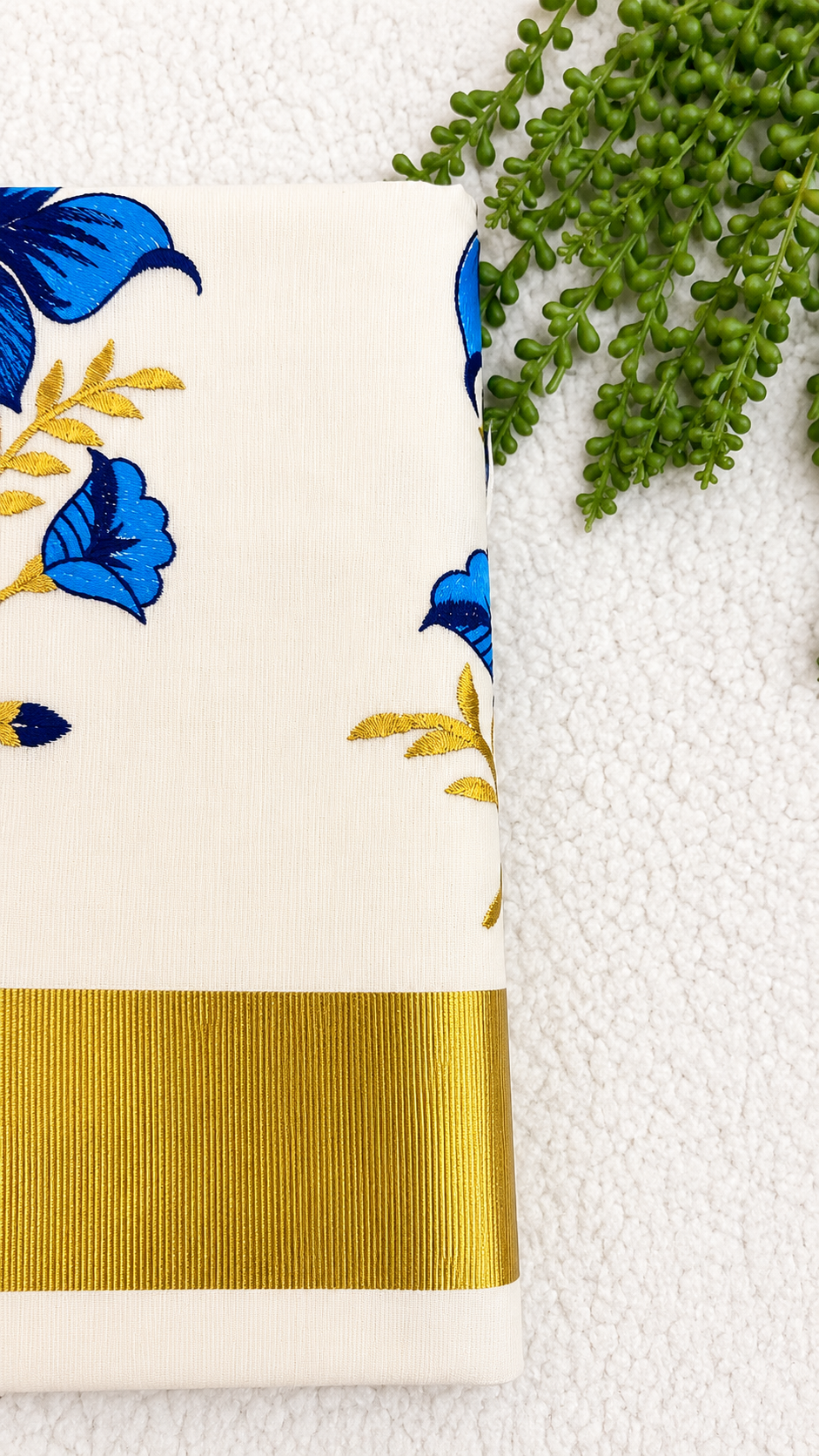 Cotton Saree with Blue Floral Embroidery & Gold Border | Kerala Style Festive Wear
