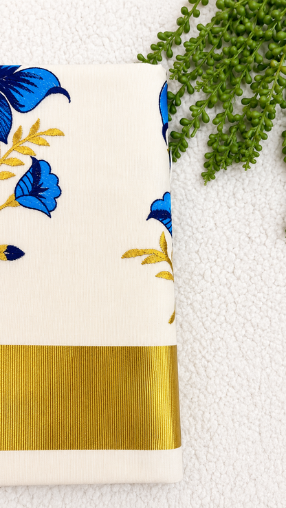 Cotton Saree with Blue Floral Embroidery & Gold Border | Kerala Style Festive Wear