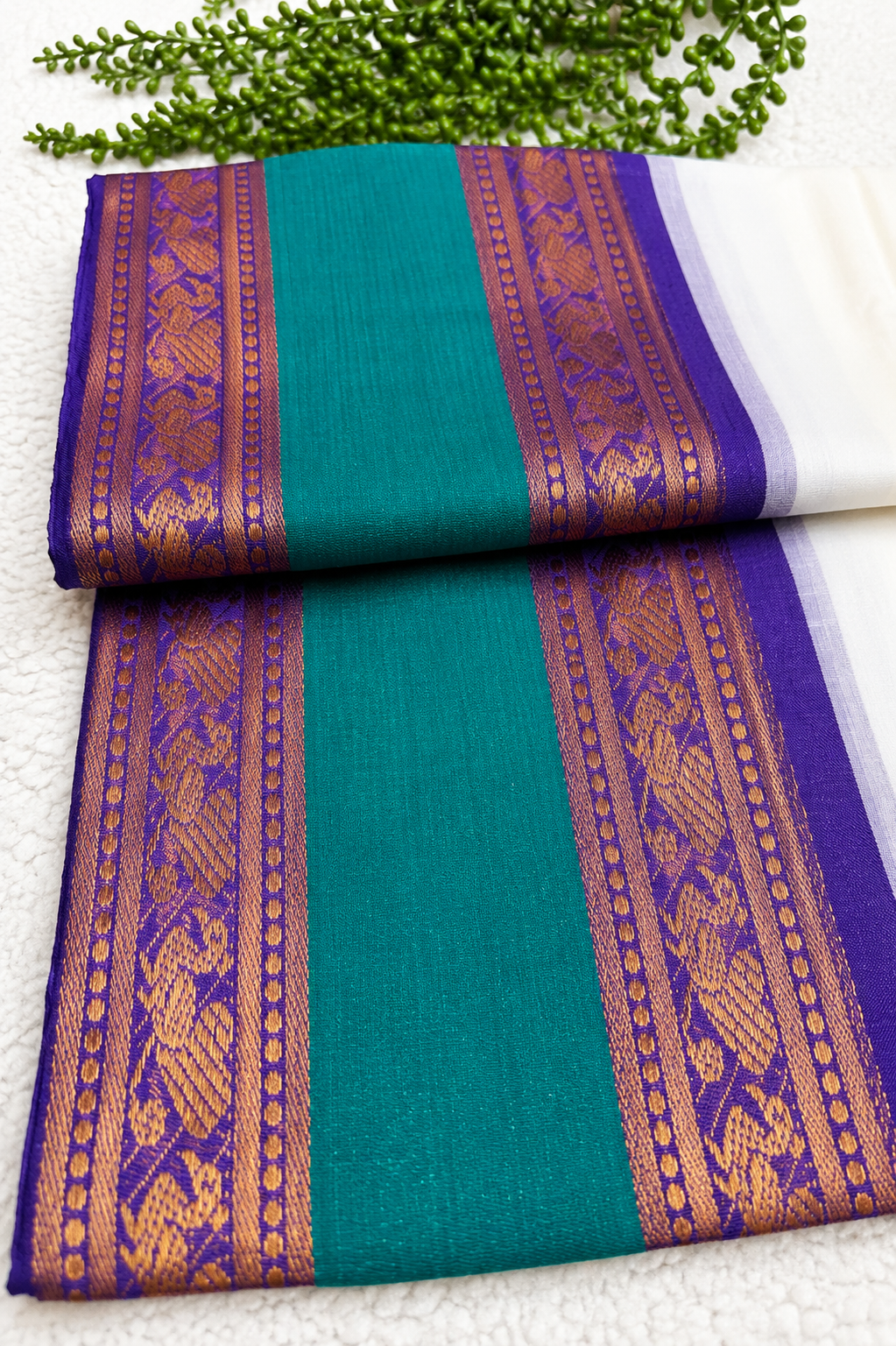 Mulcotton Saree | White & Teal Saree with Purple Gold Brocade Border | Tasselled Edge Traditional Saree