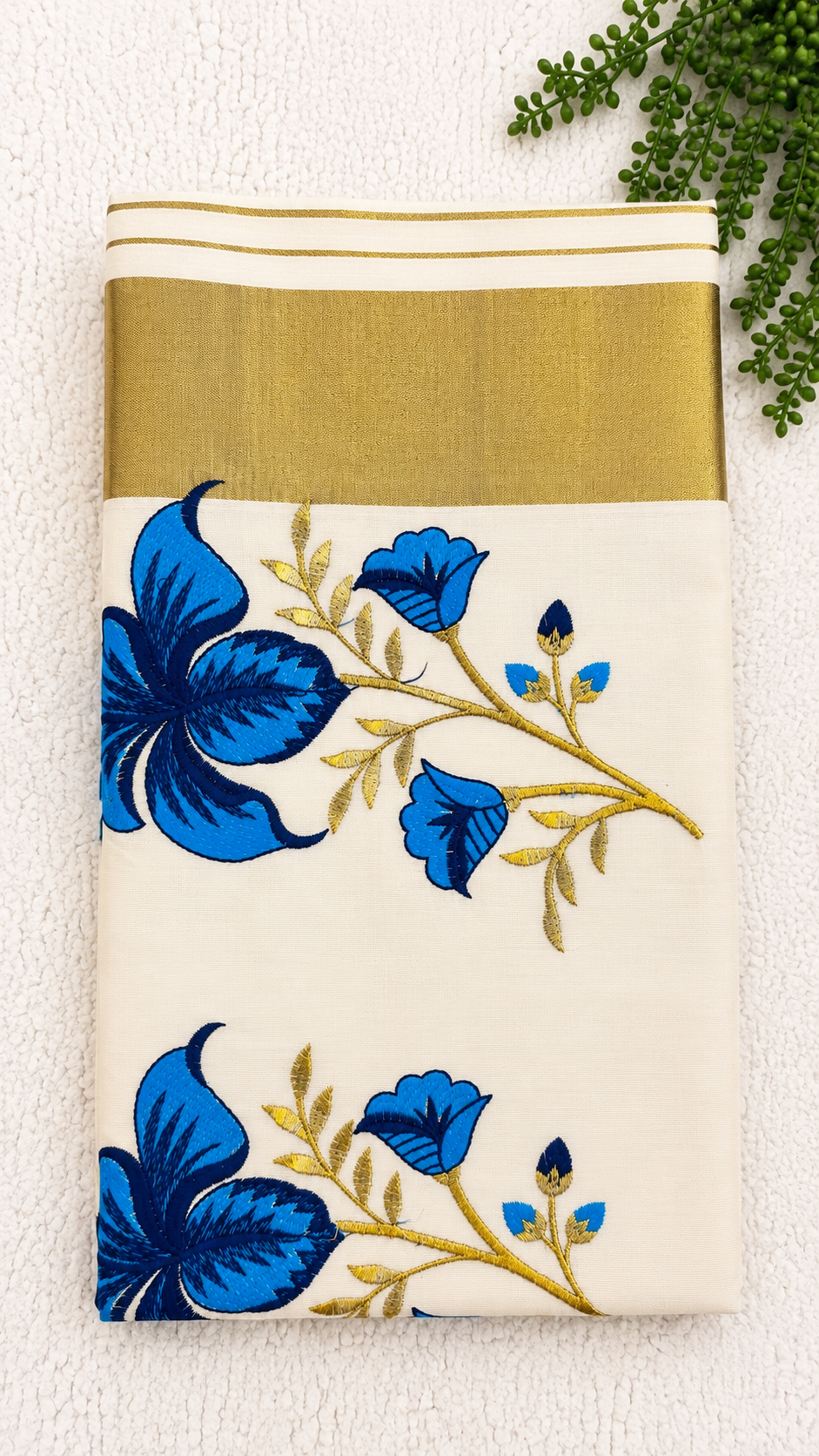 Cotton Saree with Blue Floral Embroidery & Gold Border | Kerala Style Festive Wear