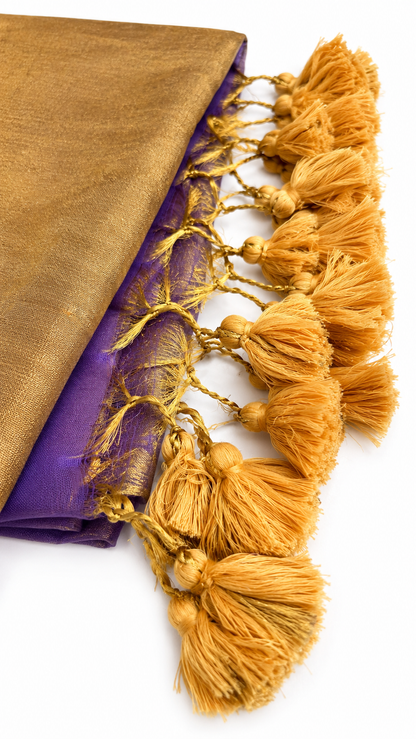 Lavender Purple Raga Tissue Saree with Golden Zari Border & Tassel Pallu