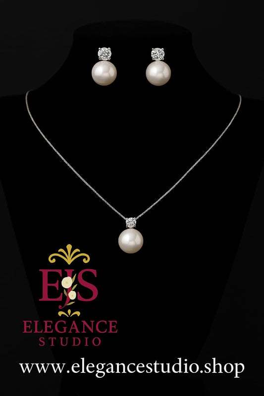 Classic Pearl and Diamond Necklace and Earrings Set