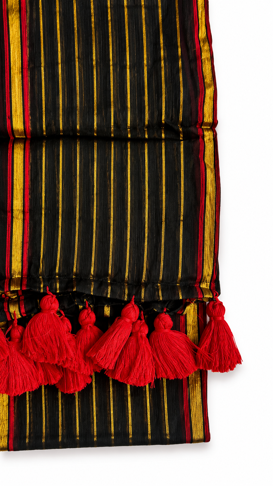 Mul Cotton 120 Count Saree – Black with Gold & Red Striped Border | Traditional South Indian Saree with Red Tassels