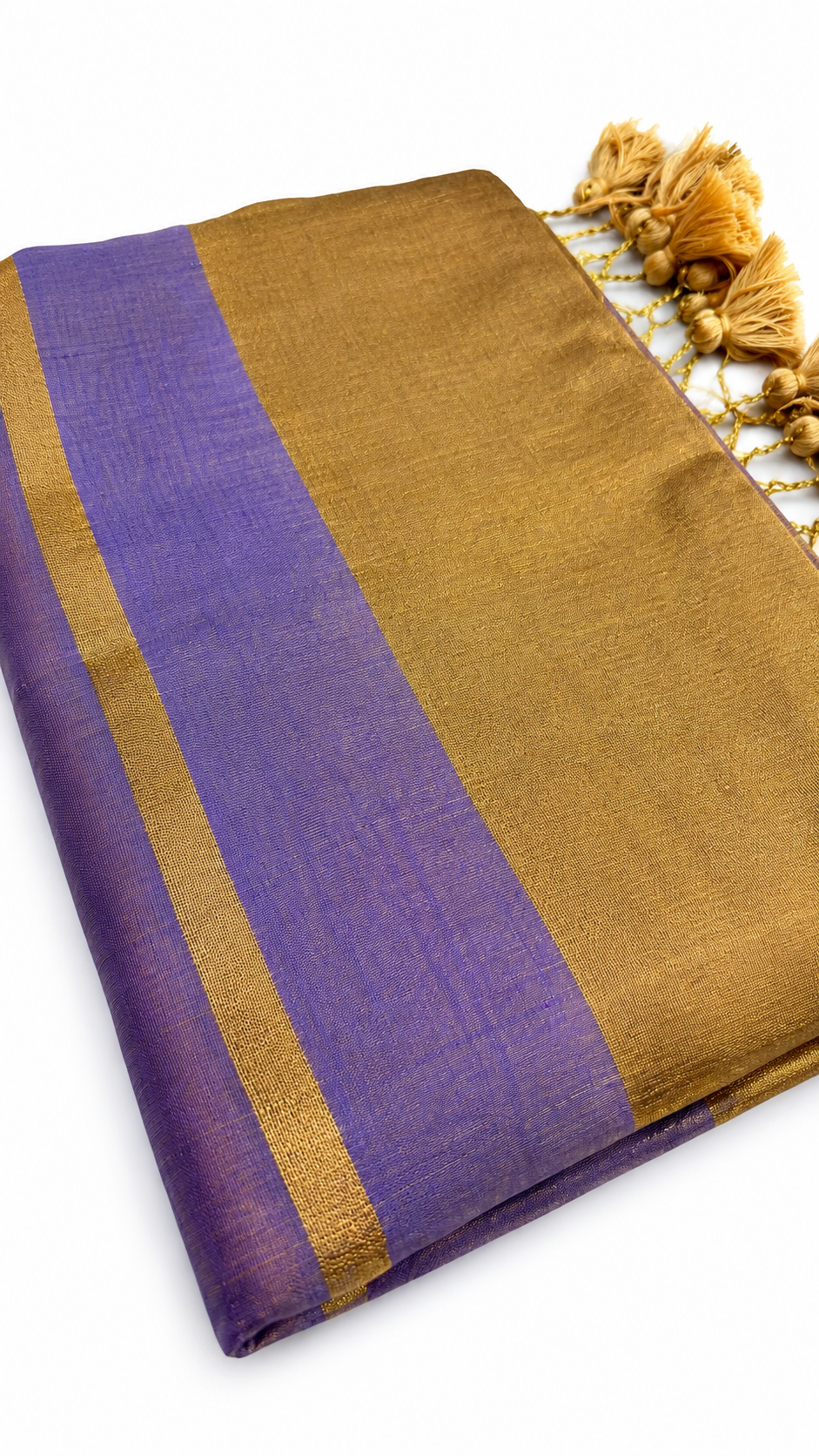 Lavender Purple Raga Tissue Saree with Golden Zari Border & Tassel Pallu