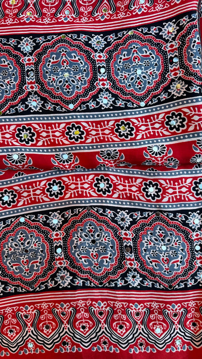 Modal Silk Ajrak Printed Saree with Mirror Work in Red