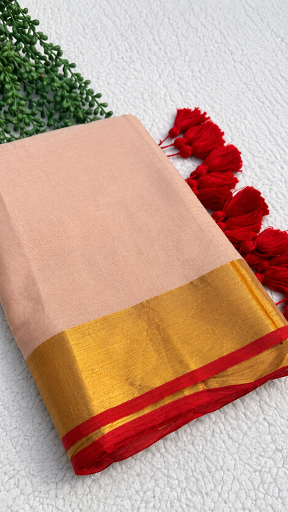 Mul Cotton 120 Count Saree – Peach with Gold Zari & Red Border | Traditional South Indian Saree with Red Tassels