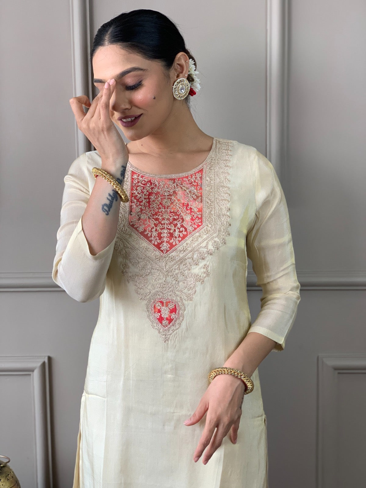 Ivory Chanderi Embroidered Kurti Pant Set with Coral Digital Print Dupatta