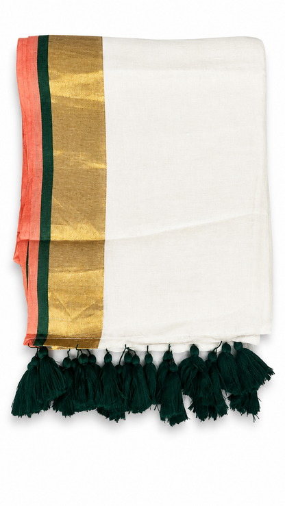 Mul Cotton 120 Count Saree – White with Gold Zari, Green & Coral Border | Traditional South Indian Saree with Green Tassels